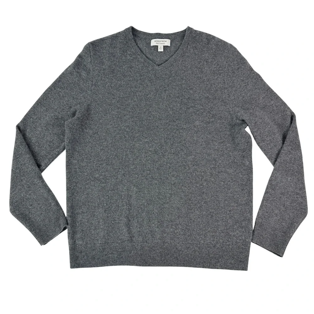 Nordstrom Mens 100%‎ Cashmere V-Neck Sweater Gray Heather N0455888MN Size M